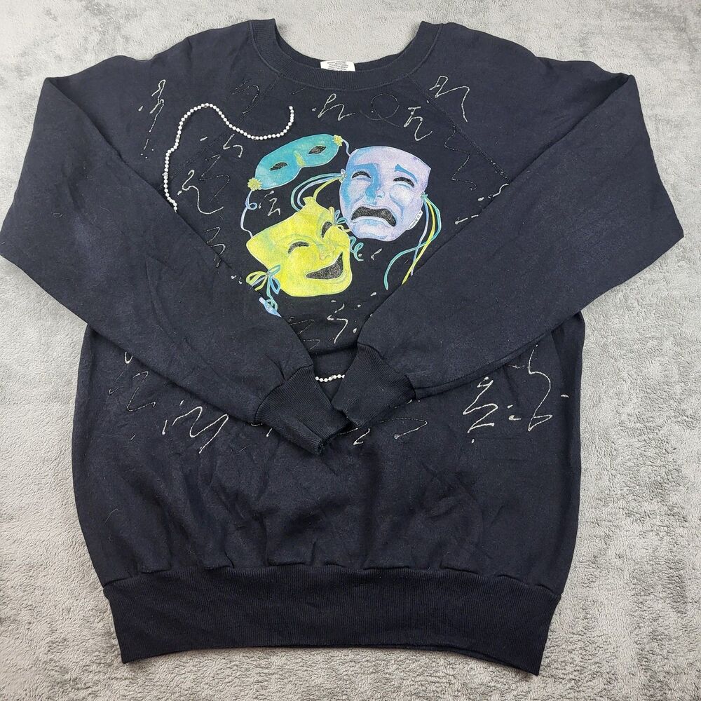 Vintage 80s 90s Pannill Crewneck Theatre masks Glitter Beads Sweatshirt Size XL